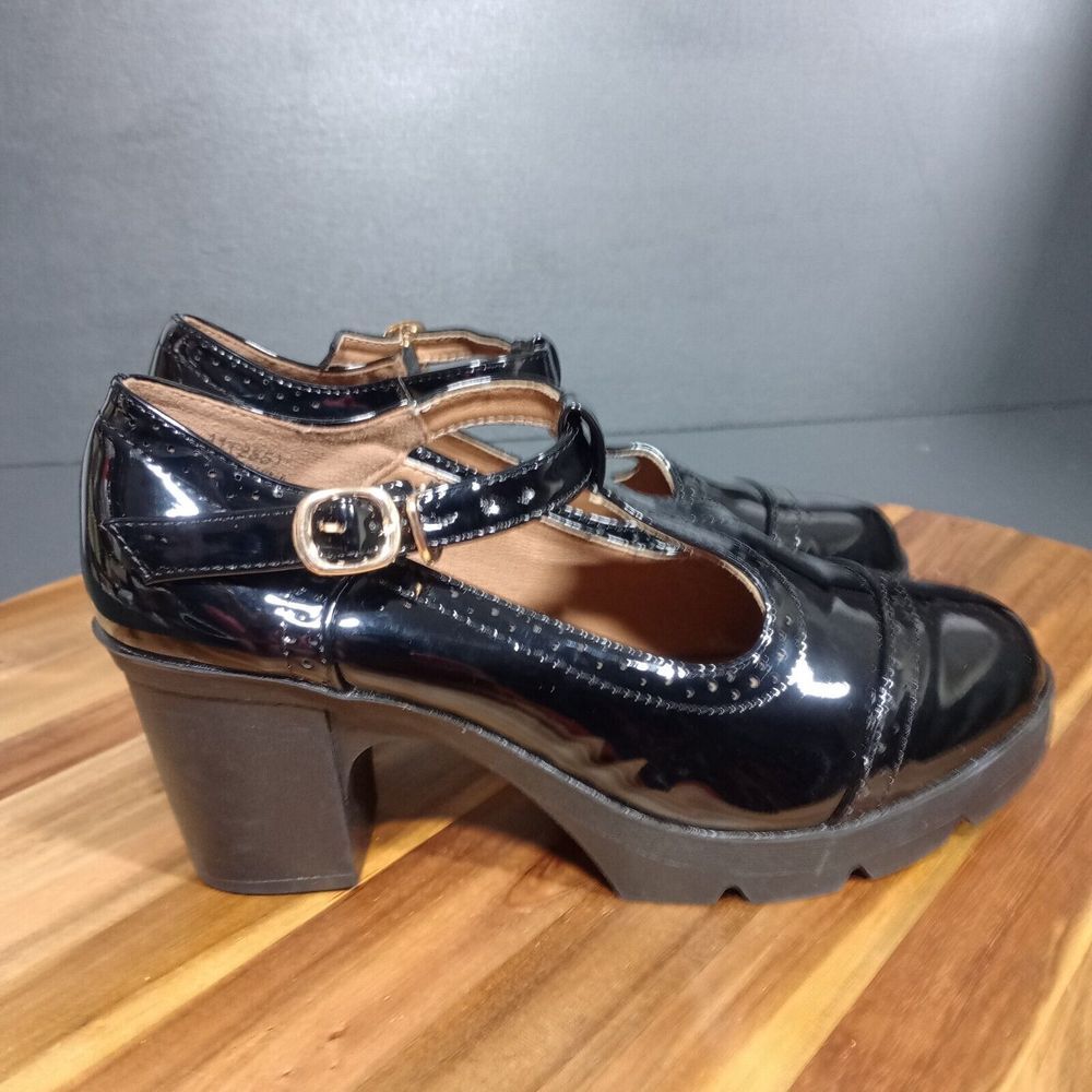 DADAWEN Womens Leather Classic T-Strap Platform Chunky Mary Jane Sz‎ 9.5 Goth - Picture 6 of 16